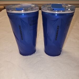 Starbucks Vibrant Royal Blue Leaf Print Tumbler Duo